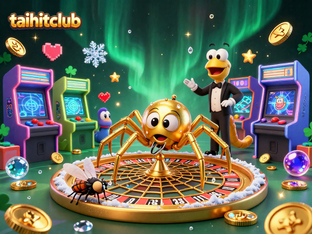 Experience excitement at taihitclub with a golden spider spinning a roulette web while a nervous fly bets.