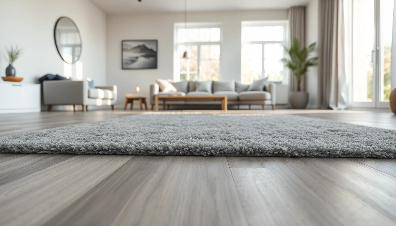 Showcasing elegant grey vinyl flooring in a bright living room with a plush rug.