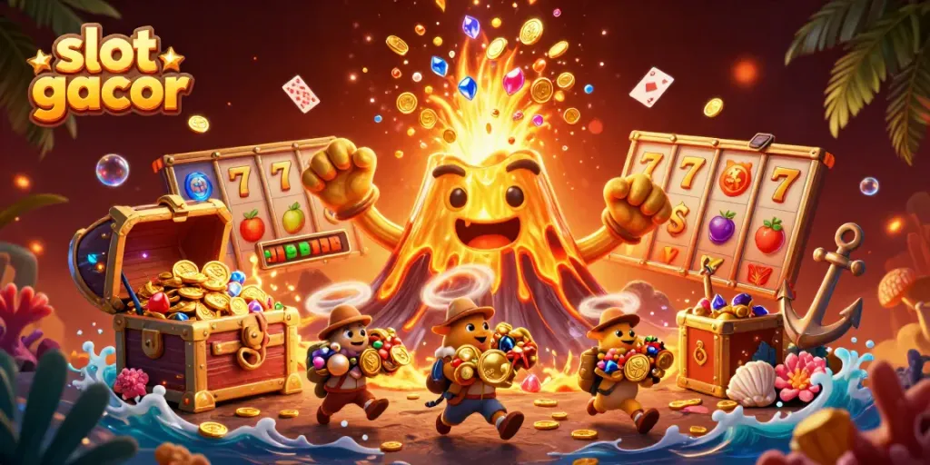 Mengguncang keberuntungan di slot gacor dengan kostum kasino penuh warna dan simbol jackpot berkilau.