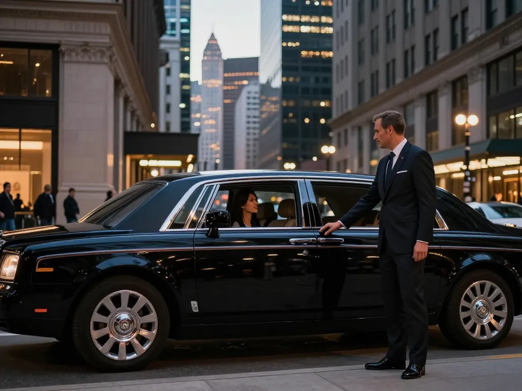 Chicago limo service with a professional chauffeur welcoming a client in downtown elegance.