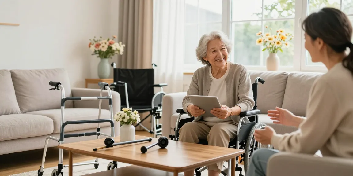 Buy mobility aids: elderly person exploring options on tablet in a cozy living room.
