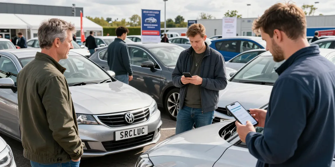 Car buyers using reg check UK for vehicle history insights in a vibrant marketplace.