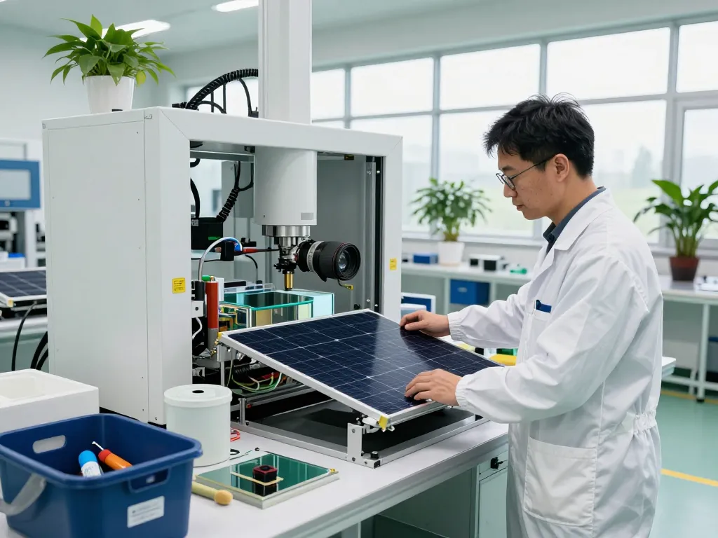 Technician recycling solar modules with advanced technology focusing on Recycling von Solarmodulen.