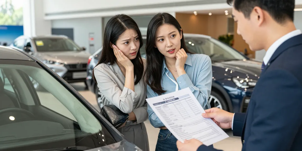 Couple checking their vehicle's reg check UK results with a salesperson.