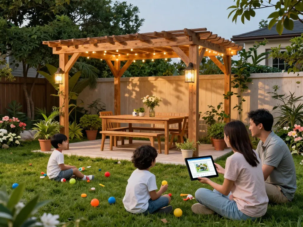 3D pergola configurator showing family enjoying outdoor life under a custom pergola.
