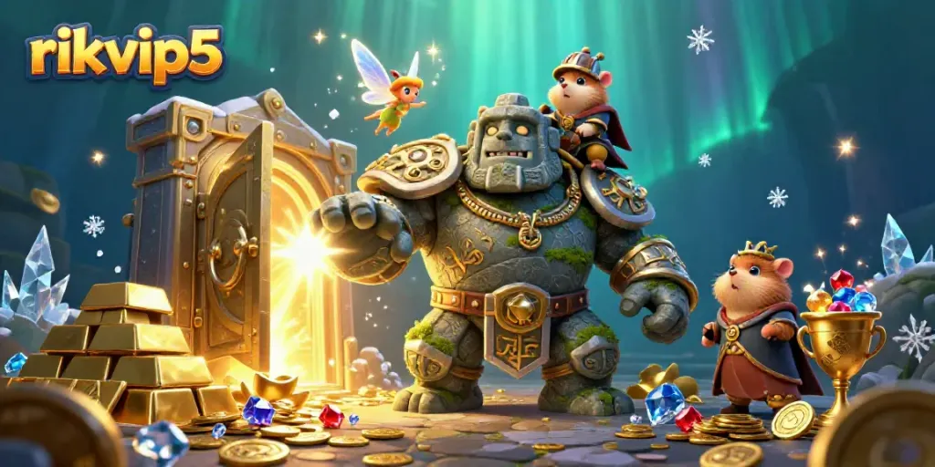 Experience thrilling gaming adventures at rikvip5 with a vibrant, magical scene illustrating a golem, fairy, and hamster knight surrounded by treasures.