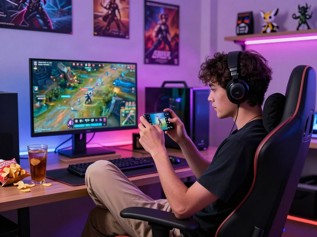 Playing rokok88 apk on a smartphone in a vibrant gaming setup.