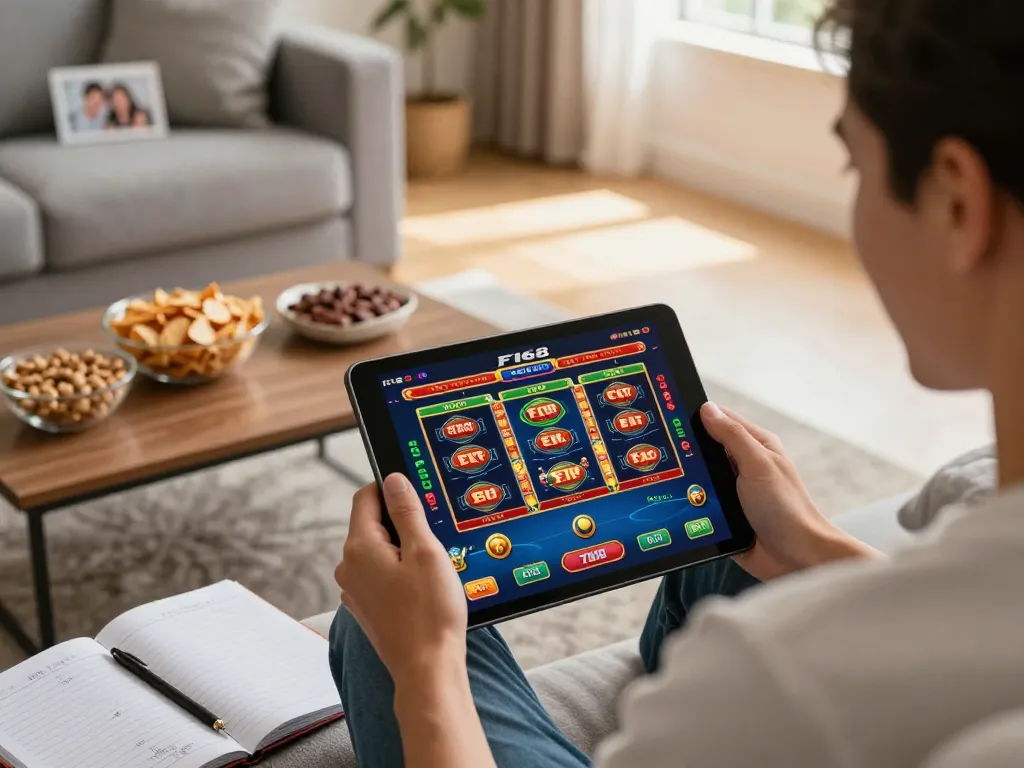 Engaging with nhà cái F168 online casino on a tablet while enjoying a cozy home atmosphere.
