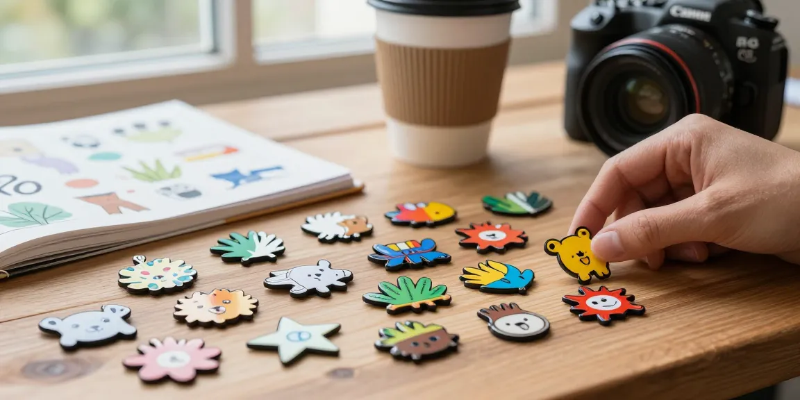 Custom acrylic pins displayed creatively on a table with vibrant designs and colors.