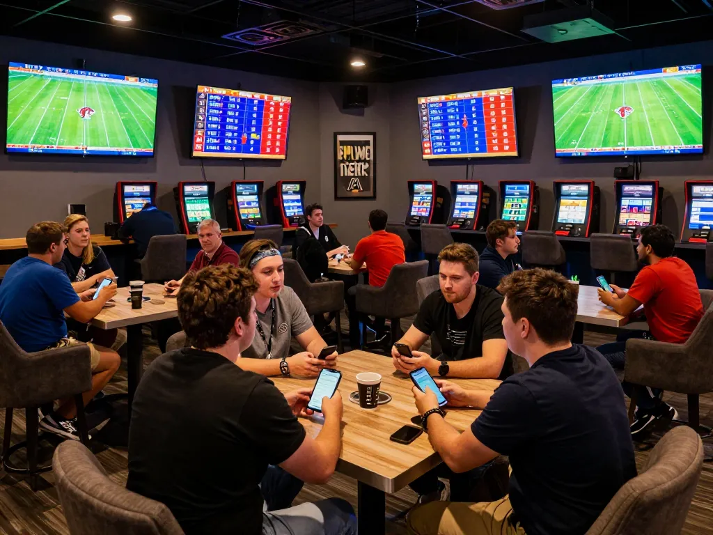 Xoilac sports betting lounge filled with excited fans watching live football and engaging in dynamic betting activities