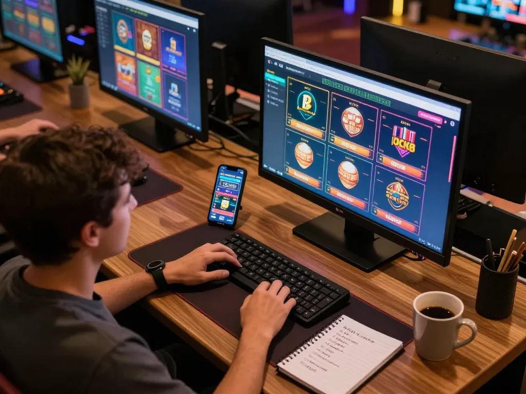 Player engaging in gaming strategies on luck8 platform from a modern online setup with multiple screens.