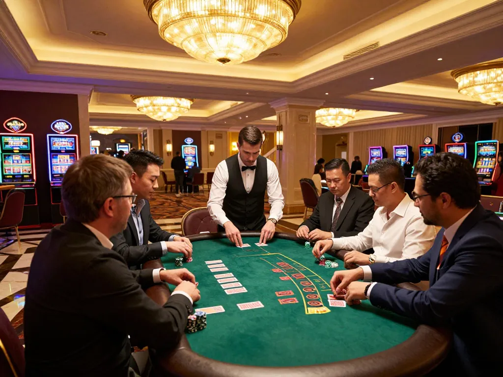 Players strategizing at a blackjack table in a luxury casino, highlighting the FC88 gaming experience.