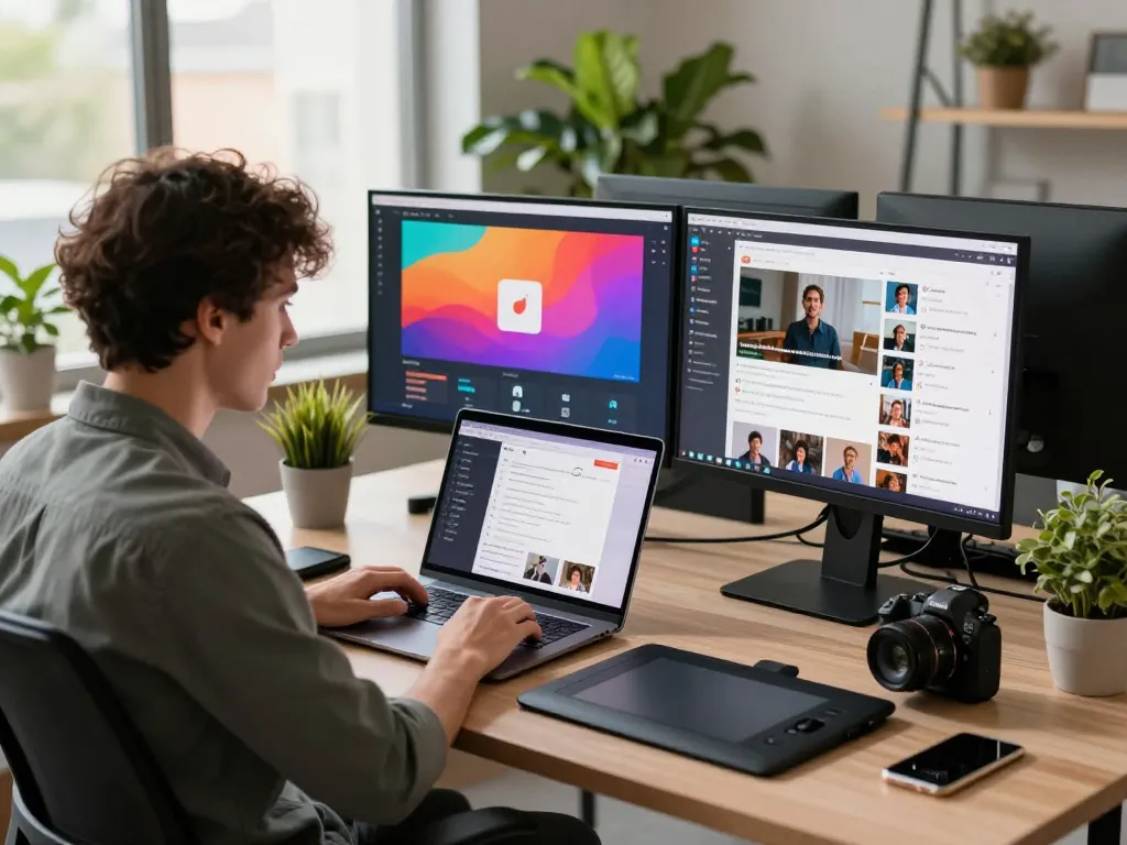 Young professional reviewing NSFW digital content in a modern workspace