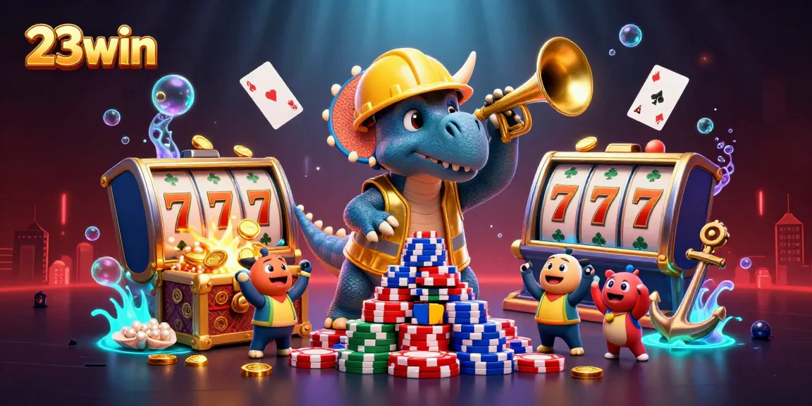 Win big with 23win in this vibrant casino-themed illustration of a joyful gaming scene.