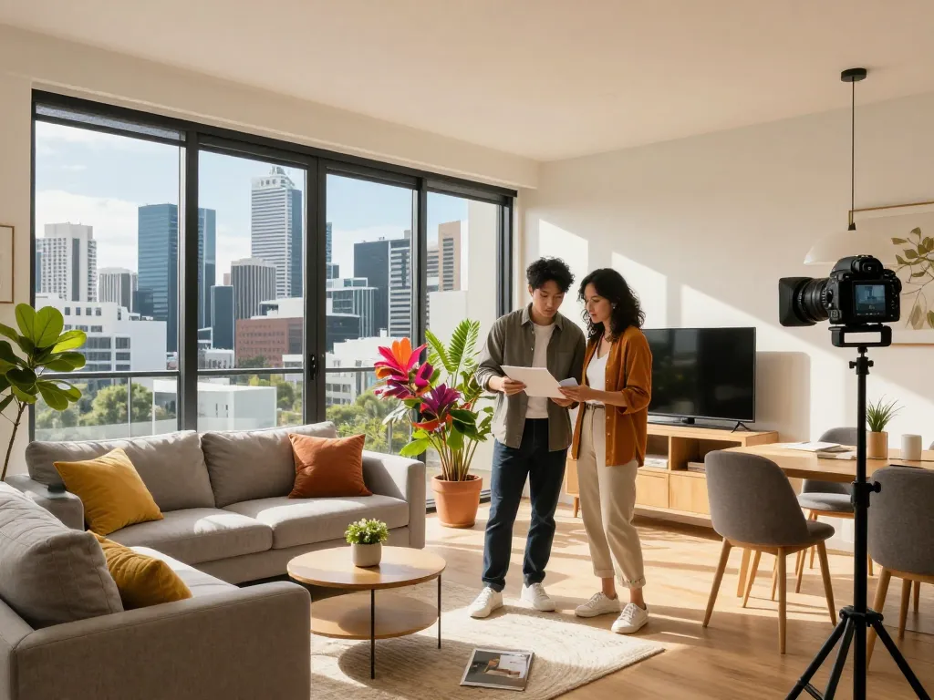 Stylish couple engaged in airbnb management melbourne, inspecting a cozy apartment with vibrant city views.