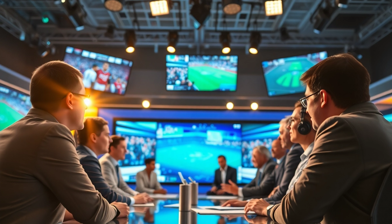 Engaged professionals in sports broadcasting studio highlighting dynamic conversations.
