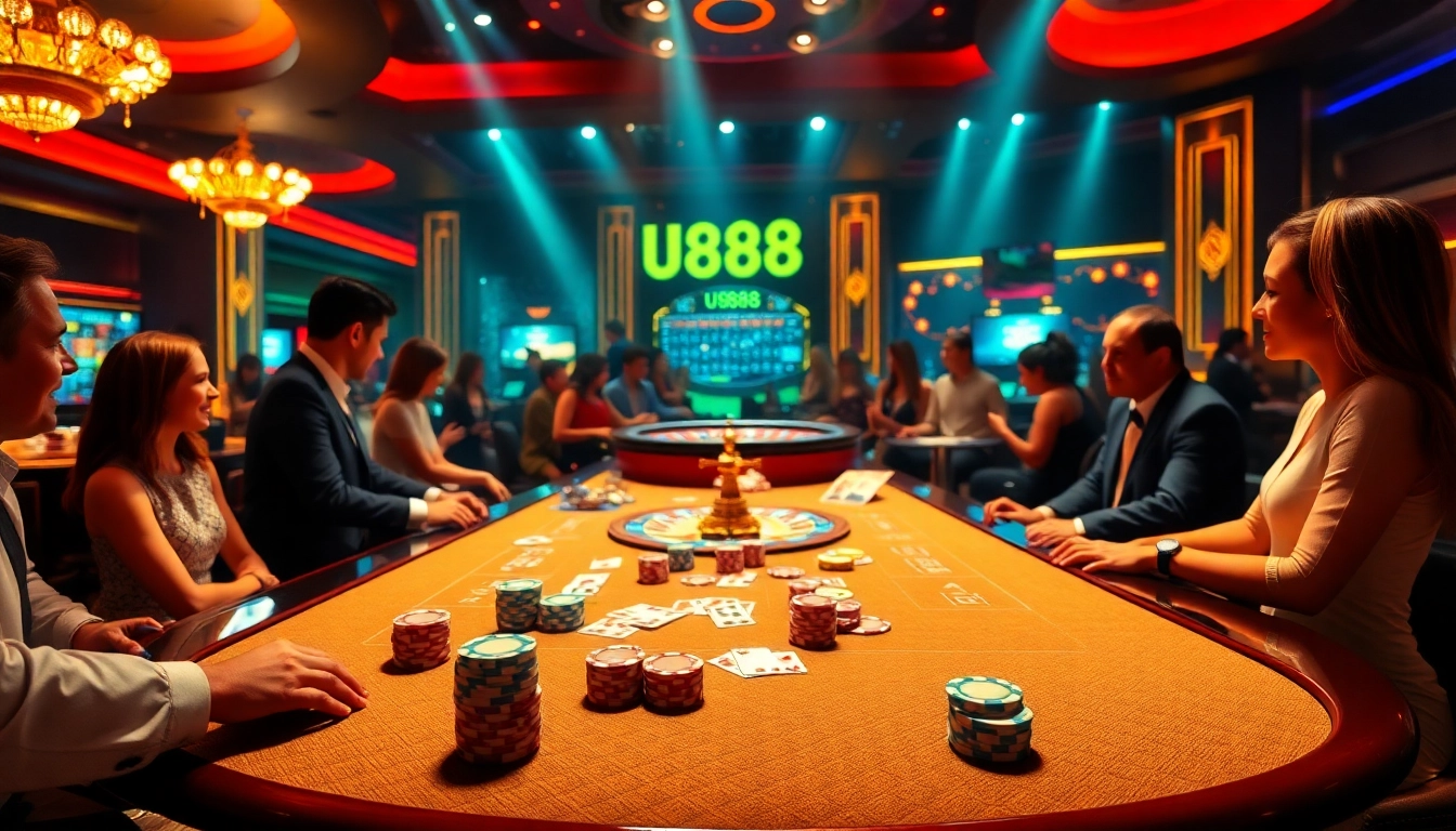 Experience the excitement of U 888 at a luxurious casino table with vibrant poker chips and cards.