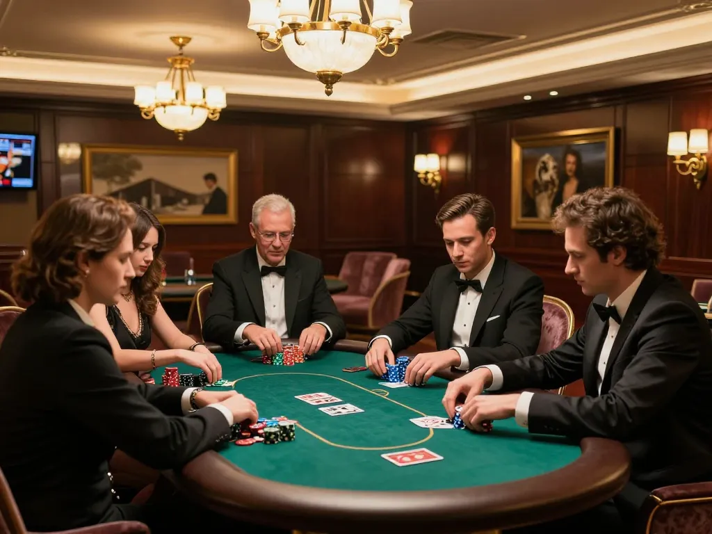 Players enjoying a high-stakes poker game at FC88's exclusive VIP table, showcasing elegance and strategic gameplay.