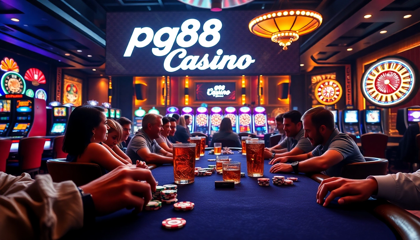 Engaging players at a pg88 casino poker table amid vibrant gaming lights.