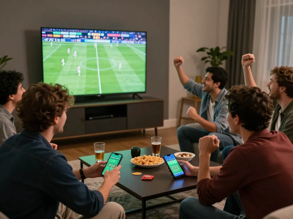 Engaged friends celebrating sports betting strategies with kèo nhà cái displayed on smartphone during the game