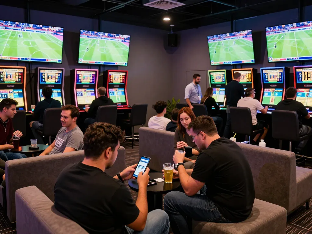 Suasana taruhan olahraga SBOBET88 dengan penggemar yang terlibat dan bersemangat, menampilkan aktivitas taruhan di lounge yang ramai.