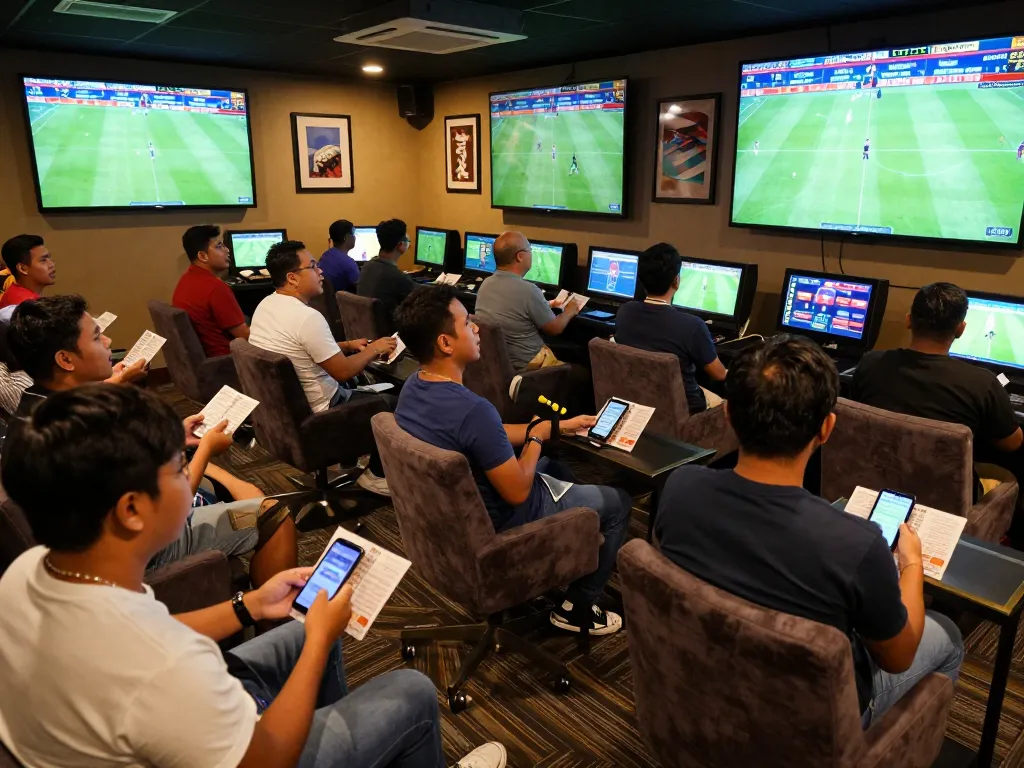 Menonton para penjudi yang antusias menikmati taruhan Judi Bola di lounge dinamis dengan layar yang menampilkan pertandingan langsung.