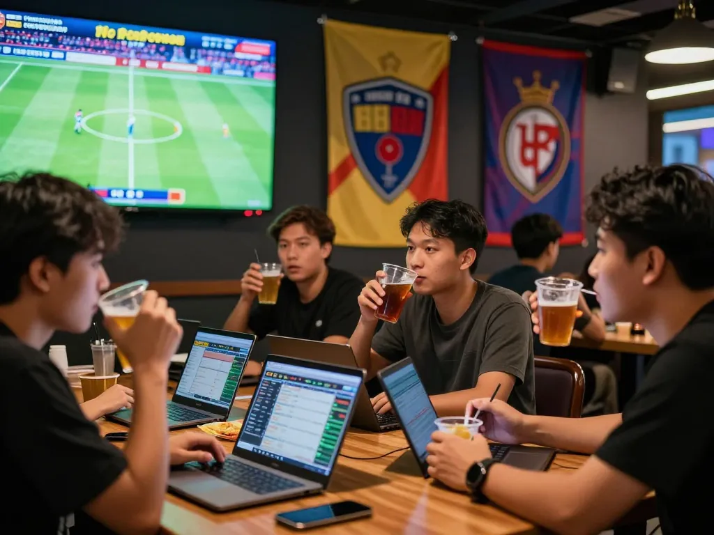 Exciting scene of friends enjoying Judi Bola betting while watching a live football match in a vibrant lounge setting.