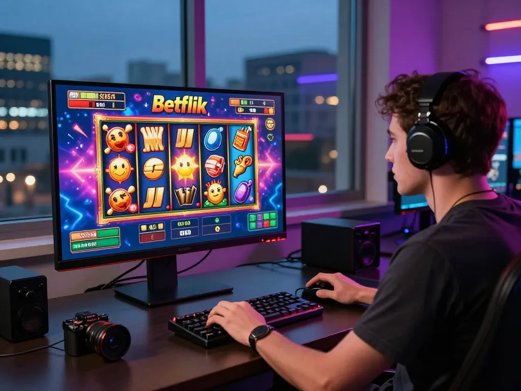 Engaging online gaming setup featuring Betflik slots, colorful graphics, and vibrant atmosphere.
