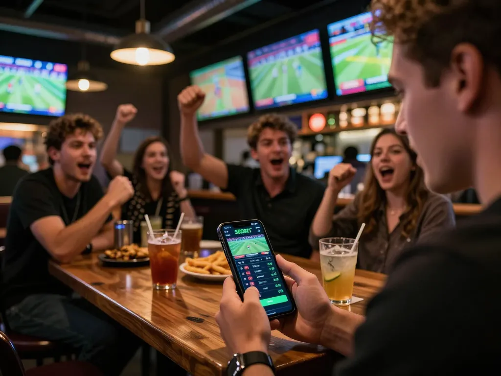 Penggemar merayakan sambil menggunakan aplikasi SBOBET untuk taruhan olahraga langsung di suasana bar yang meriah.