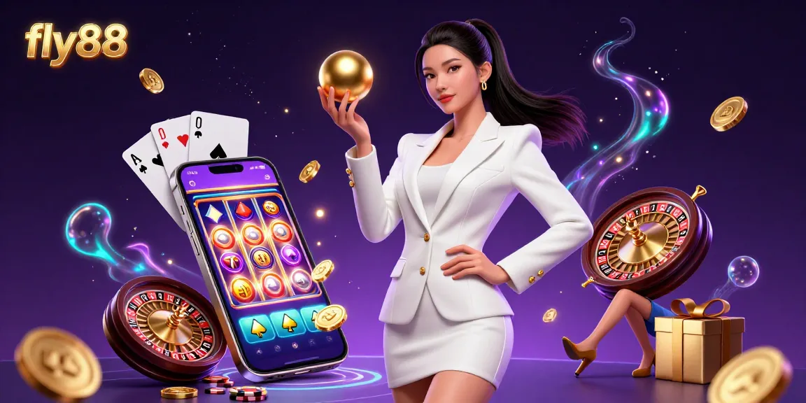 Engage in thrilling games at fly88 with a stunning illustration featuring a confident Asian woman at the casino.