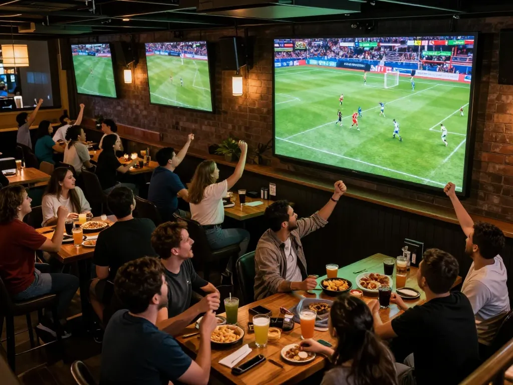 Xem truc tiep bong da with friends cheering at a sports bar, capturing excitement during a live match.