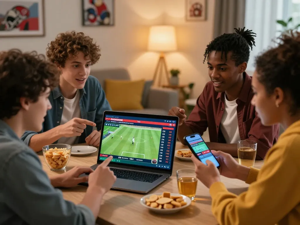 Friends enjoying OKFUN online sports betting in a cozy setting, surrounded by devices and snacks.