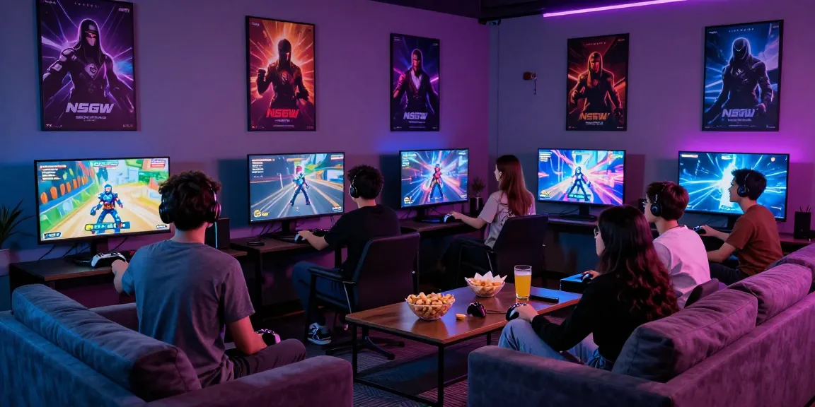 Engaged gamers enjoying NSFW games in a vibrant lounge setting.