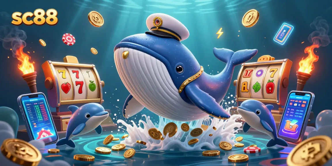 Experience the thrill of sc88 with a cartoon whale winning in an ocean of slot reels and poker chips.