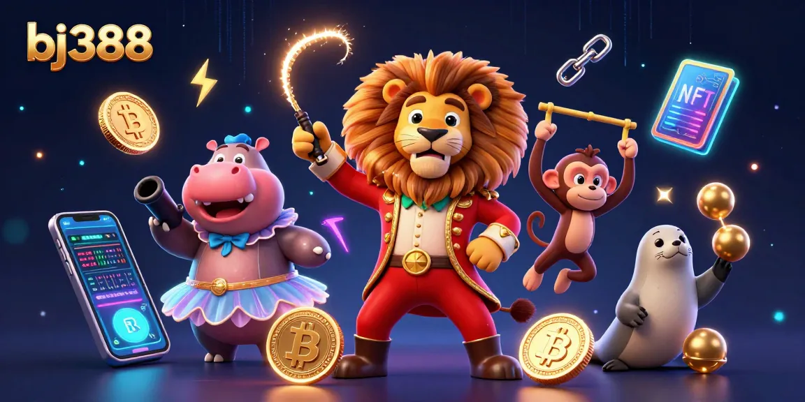 Join the fun at bj388 with dynamic casino action featuring vibrant cartoon characters and neon crypto elements.