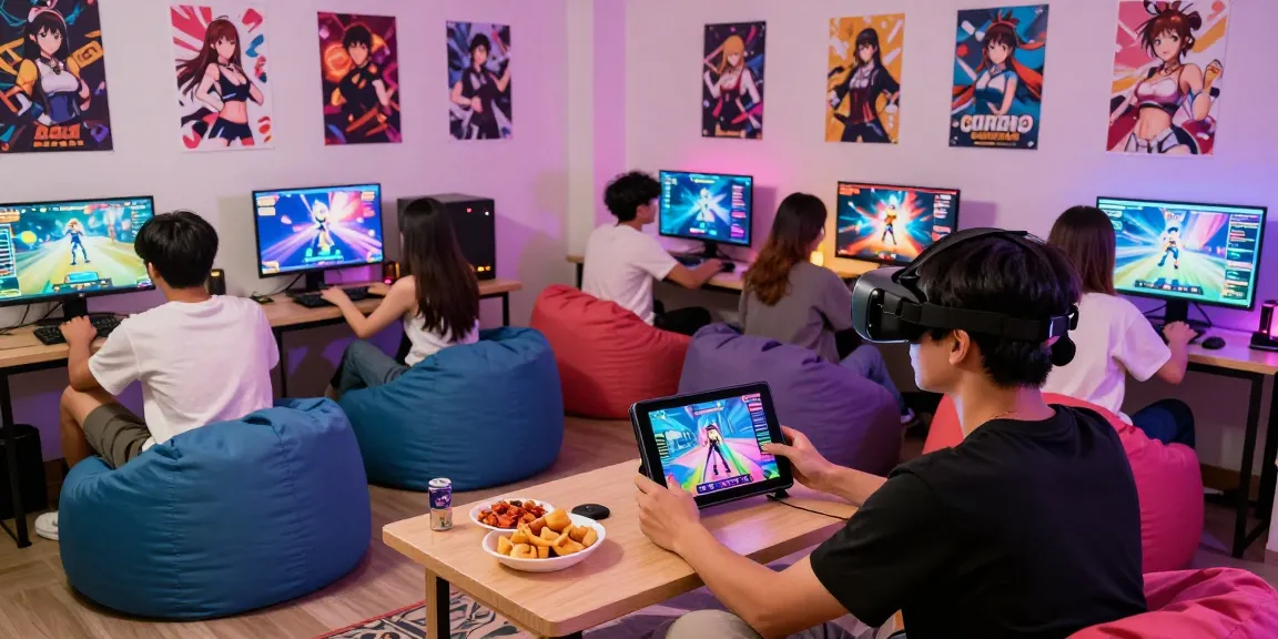 Engaged players in a vibrant gaming room enjoying hentaigames with immersive setups.
