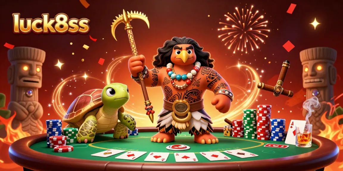 Engage with luck8ss at a vibrant poker table featuring colorful chips and dynamic characters.