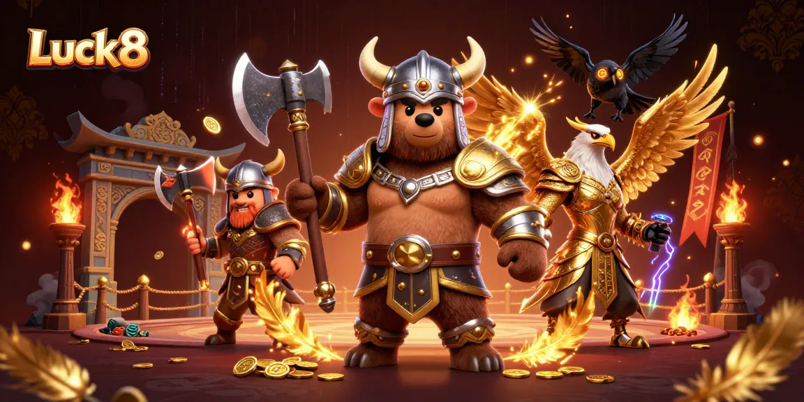 Luck8 offers a thrilling 3D scene with a Viking bear and Valkyrie eagle in an epic casino setting.