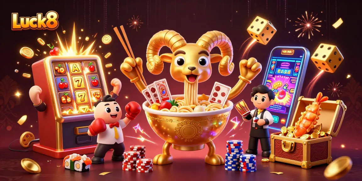 Luck8 features vibrant characters in a packed casino scene, showcasing exciting game elements and betting opportunities.