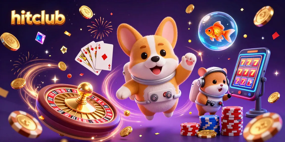 Experience the thrills of hitclub with a dynamic 3D casino scene featuring floating characters and vivid gaming elements.