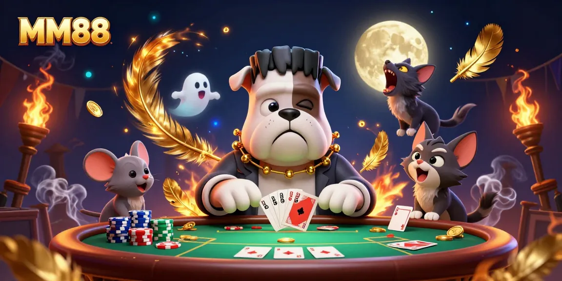 Engage at MM88 with a lively casino scene showcasing a Frankenstein bulldog dealer, ghost mouse, and a werewolf kitten.