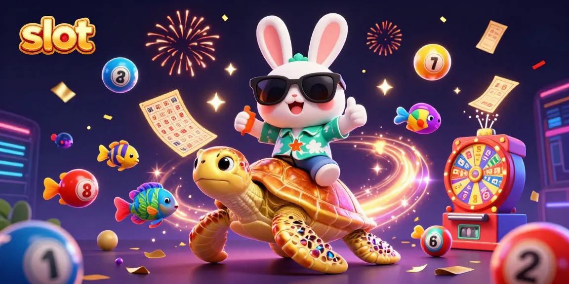 Experience thrilling slot action with a lucky rabbit and a giant turtle in a vibrant casino setting.