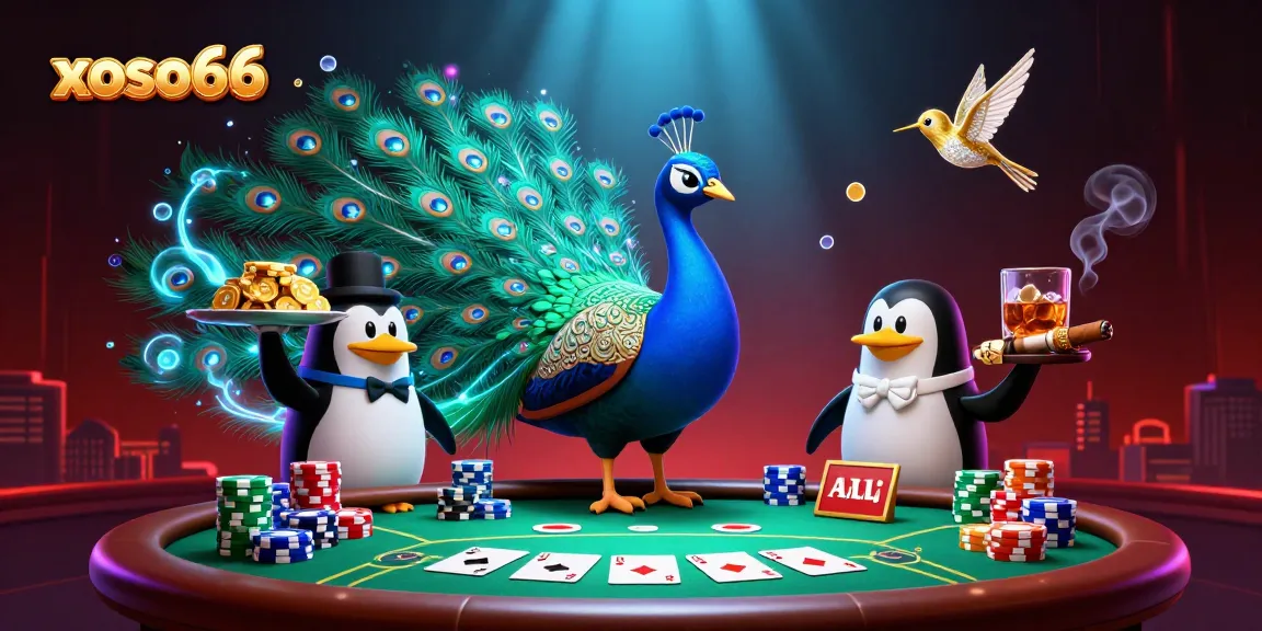Play exciting games at xoso66, featuring a thrilling casino scene with vibrant characters and poker elements.