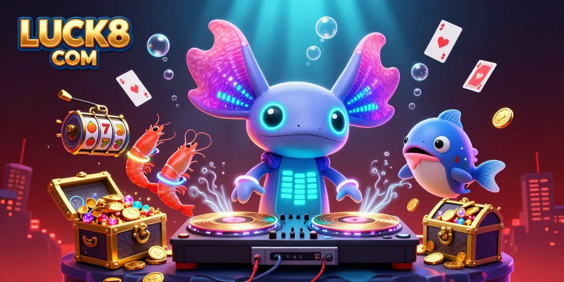 Experience vibrant gameplay on LUCK8 COM with our neon casino illustration featuring exciting game elements and lively characters.