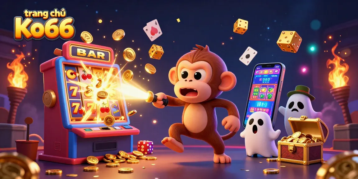 Explore the vibrant trang chủ Ko66 scene with a mischievous monkey and curious puppy amid casino excitement.
