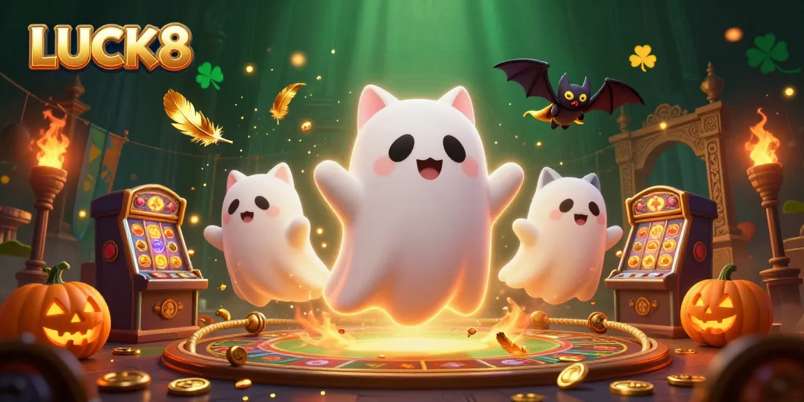 Engage with LUCK8 in a thrilling haunted casino scene featuring dynamic ghost cat and vampire bat companions.