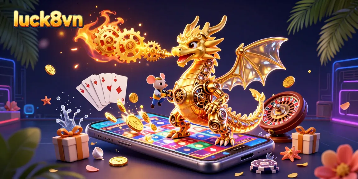 Engage with luck8vn's immersive gaming experience as the golden dragon safeguards your wins amidst exploding coins and poker elements.