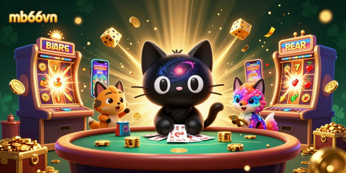 Experience the thrill of mb66vn at a cosmic casino, where a black hole cat draws in golden chips.
