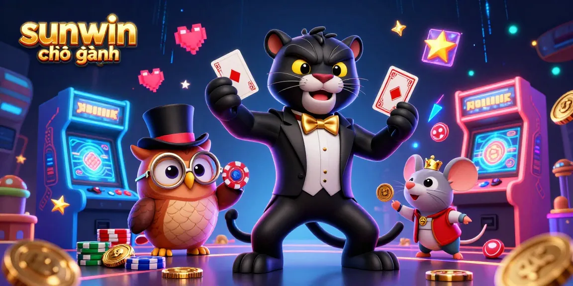 Play and win big at sunwin chính hãng with a stylish cartoon panther, owl, and mouse in a vibrant casino.