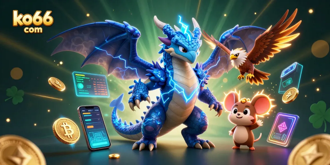 Engage with the exciting world of ko66 com, showcasing vibrant 3D characters and crypto elements.